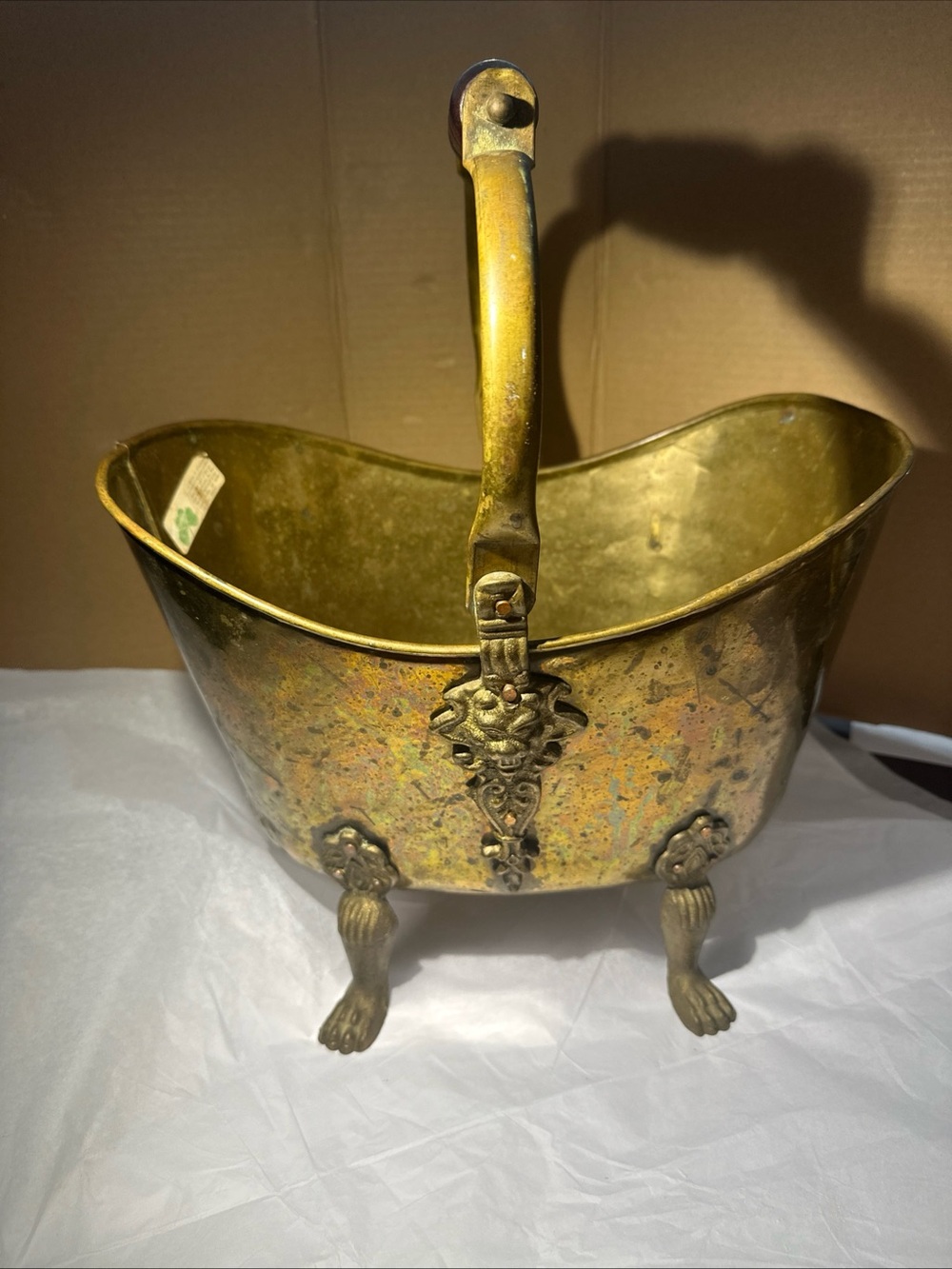 Solid copper and brass coal handle lions head footed made in Ireland 12”x13”x9”